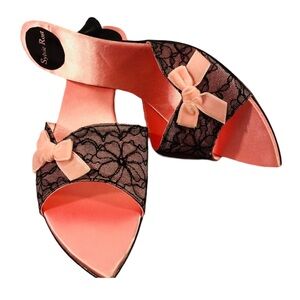 Sylvie Rose Pink Satin Mules with Black Lace